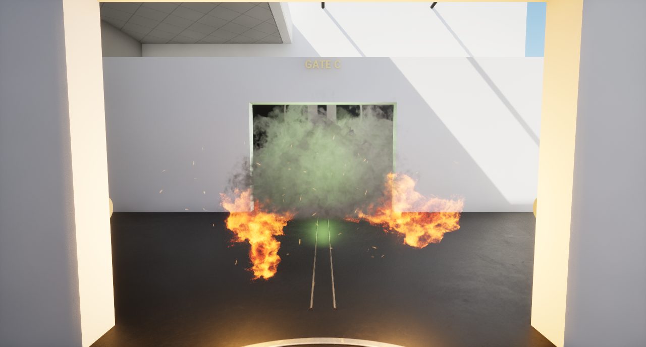 Fire and gas venting from pipes in front of a gate