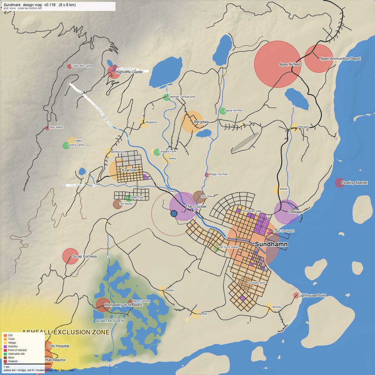 Design map of Sundmark with towns, roads, rivers, the coast and the exclusion zone