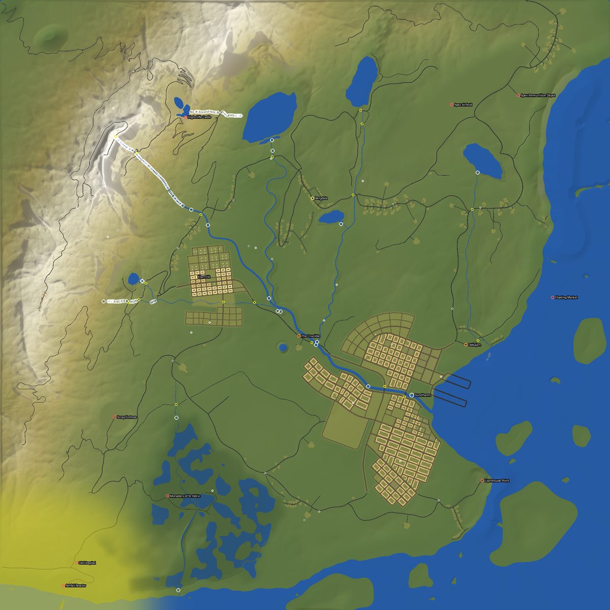 Shaded preview of the generated terrain with towns