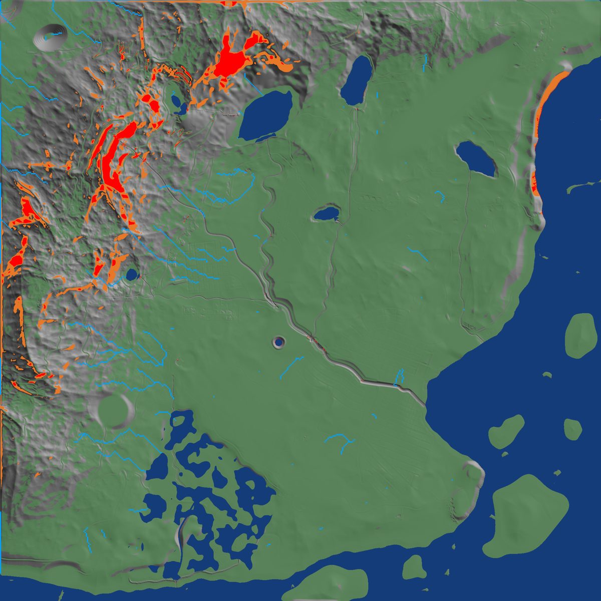 Terrain analysis with slopes over the limit in red